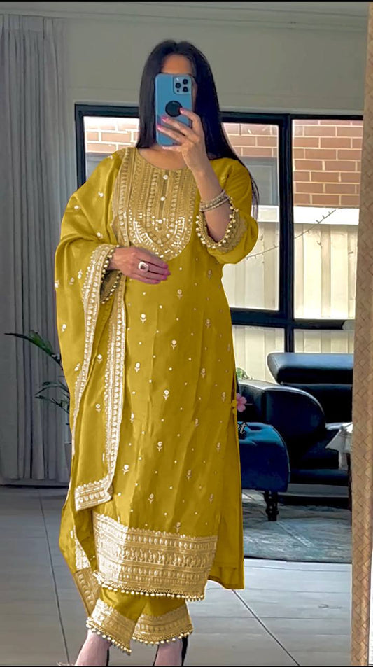 Mustard Top With Pant Suit With Sequence Embroidery Work in Chinon