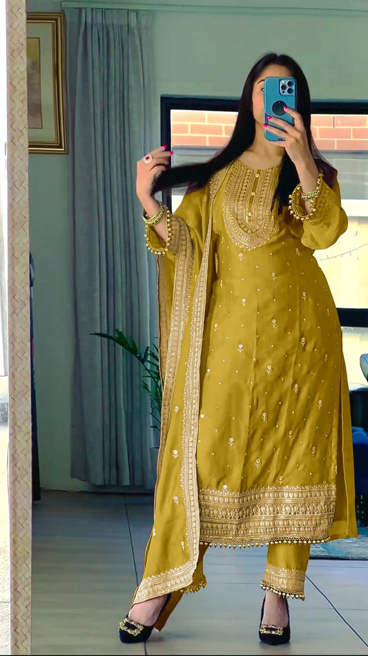 Mustard Top With Pant Suit With Sequence Embroidery Work in Chinon