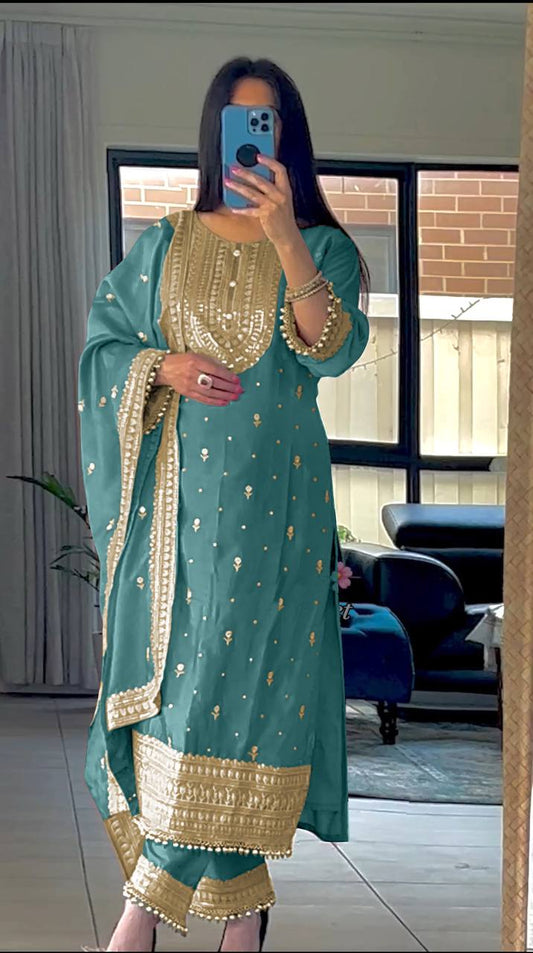 Sky Top With Pant Suit With Sequence Embroidery Work in Chinon