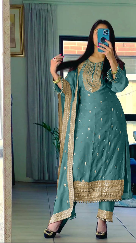 Sky Top With Pant Suit With Sequence Embroidery Work in Chinon