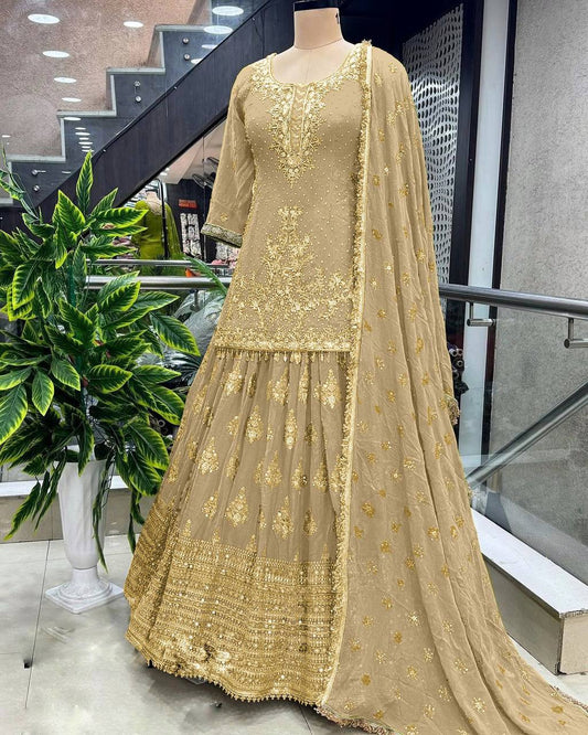 Golden Color Pure Heavy Chinnon Silk Embroidery Sequence Work Lehenga Choli With Sleeves