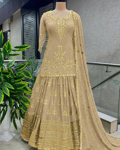 Golden Color Pure Heavy Chinnon Silk Embroidery Sequence Work Lehenga Choli With Sleeves