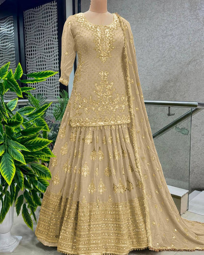 Golden Color Pure Heavy Chinnon Silk Embroidery Sequence Work Lehenga Choli With Sleeves