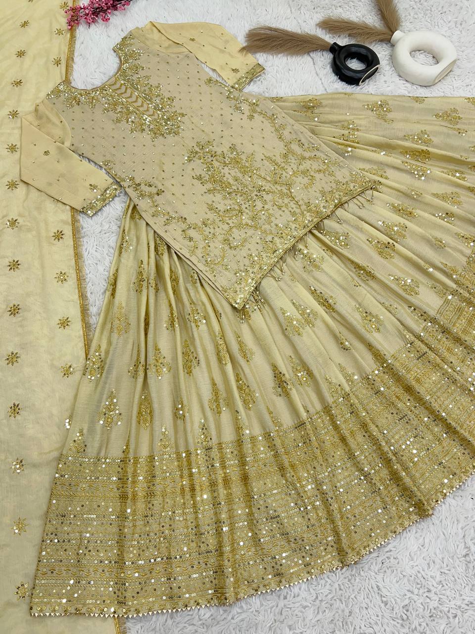 Golden Color Pure Heavy Chinnon Silk Embroidery Sequence Work Lehenga Choli With Sleeves