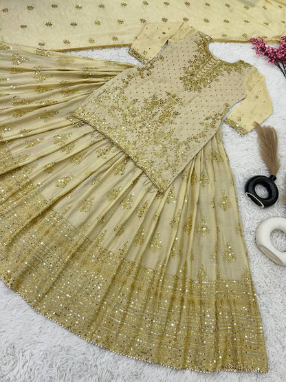 Golden Color Pure Heavy Chinnon Silk Embroidery Sequence Work Lehenga Choli With Sleeves