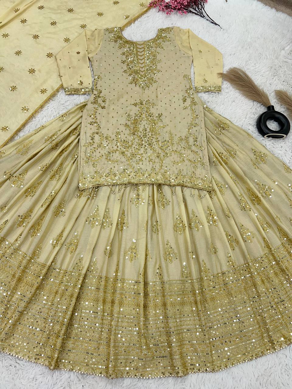 Golden Color Pure Heavy Chinnon Silk Embroidery Sequence Work Lehenga Choli With Sleeves