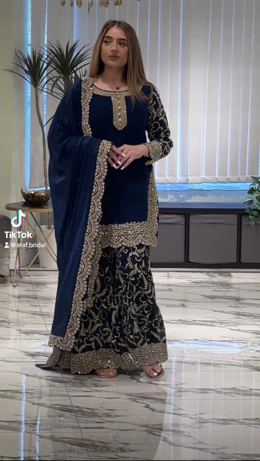 Navy Blue Top Sharara Suit With Sequence Embroidery in Georgette With Dupatta