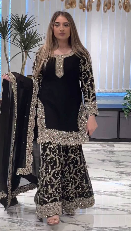 Black Top Sharara Suit With Sequence Embroidery in Georgette With Dupatta