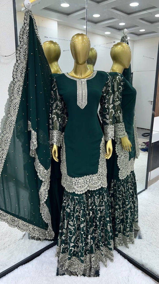 Green Top Sharara Suit With Sequence Embroidery in Georgette With Dupatta