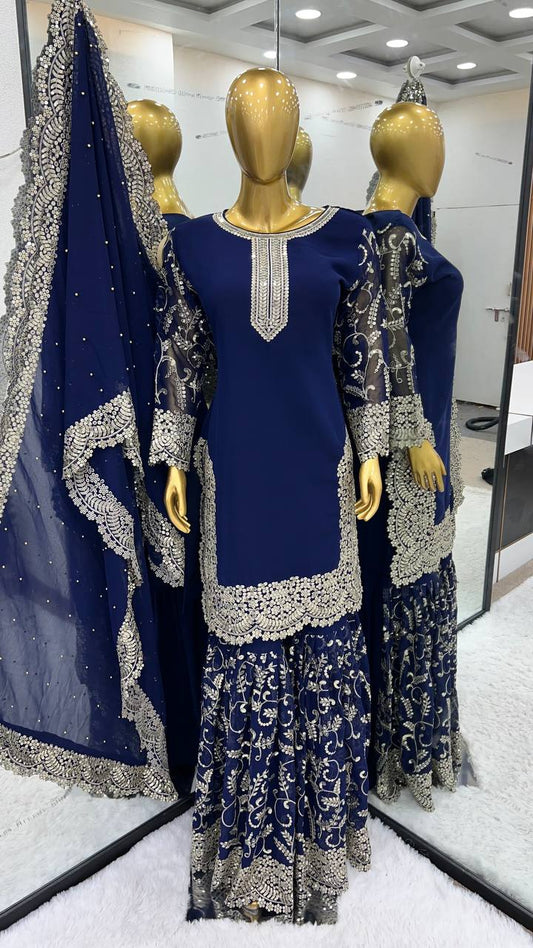 Navy Blue Top Sharara Suit With Sequence Embroidery in Georgette With Dupatta