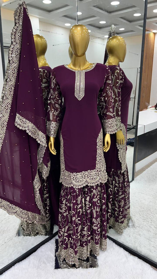 Wine Top Sharara Suit With Sequence Embroidery in Georgette With Dupatta