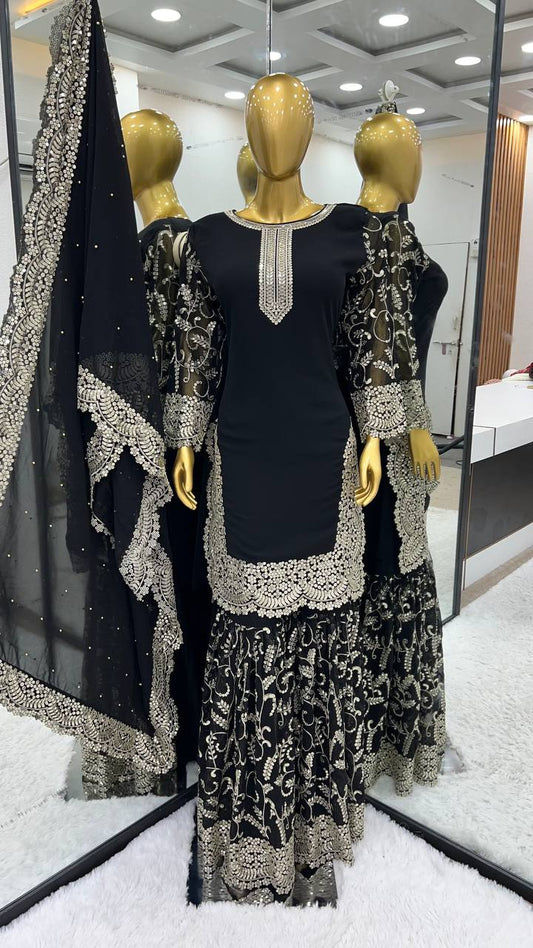 Black Top Sharara Suit With Sequence Embroidery in Georgette With Dupatta