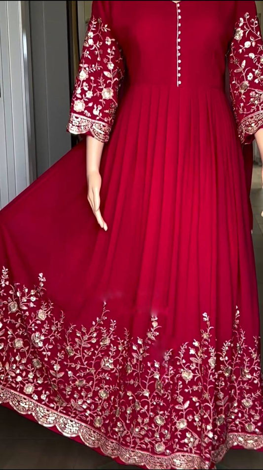 Red Color Faux Georgette Heavy Embroidery Work Rakhi Special Gown