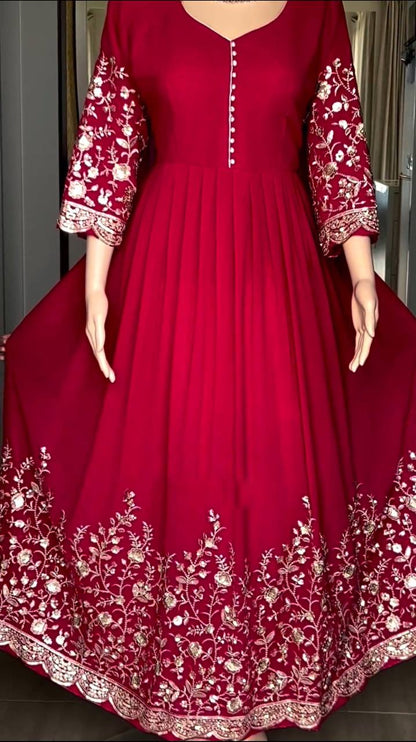 Red Color Faux Georgette Heavy Embroidery Work Rakhi Special Gown