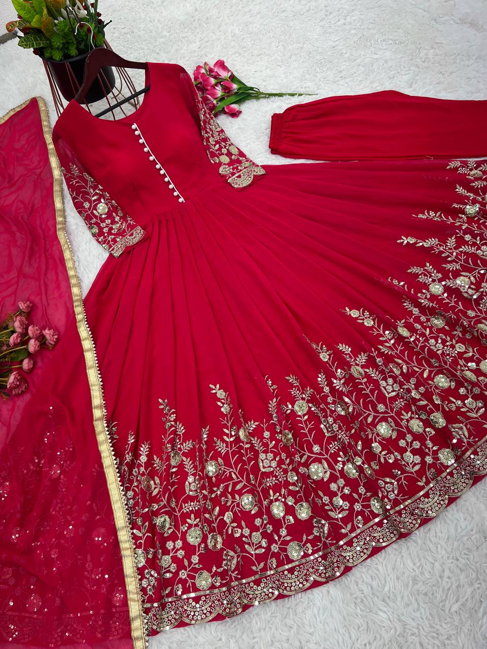 Red Color Faux Georgette Heavy Embroidery Work Rakhi Special Gown