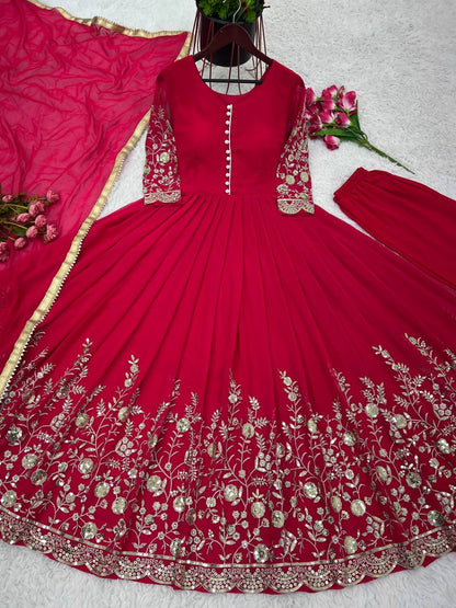 Red Color Faux Georgette Heavy Embroidery Work Rakhi Special Gown