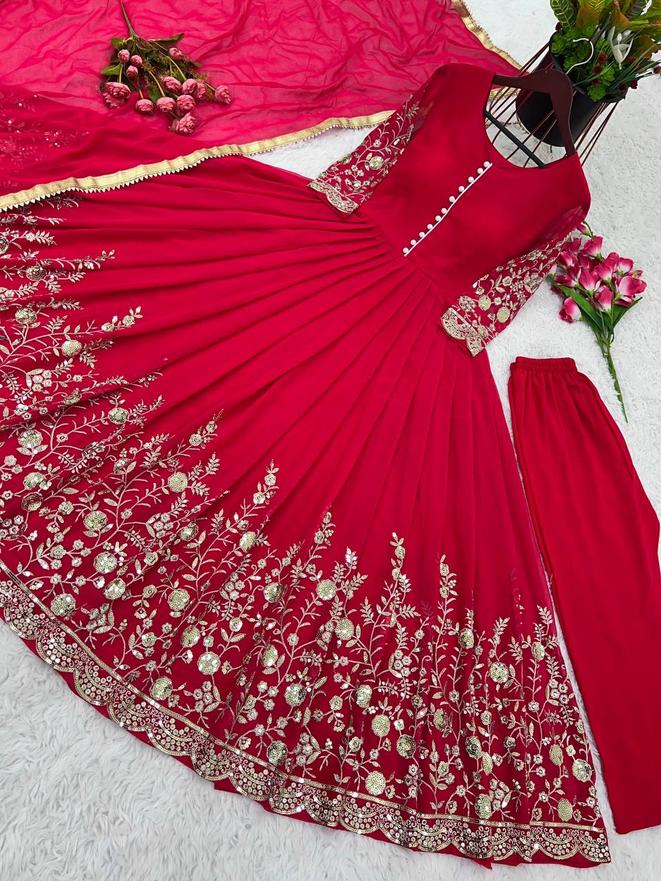 Red Color Faux Georgette Heavy Embroidery Work Rakhi Special Gown