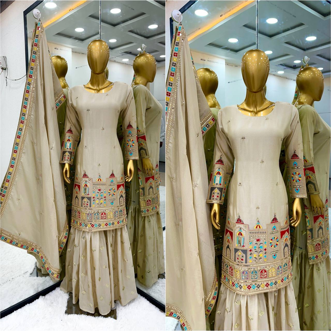 Exclusive Cream Beige Chinon Silk Embroidery Work Gharara Suit With Dupatta