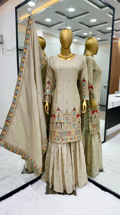 Exclusive Cream Beige Chinon Silk Embroidery Work Gharara Suit With Dupatta