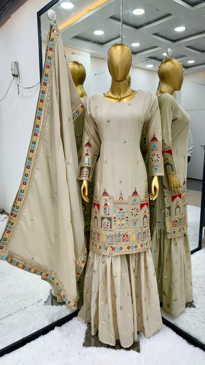 Exclusive Cream Beige Chinon Silk Embroidery Work Gharara Suit With Dupatta