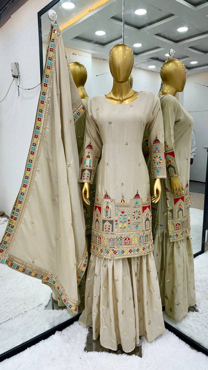 Exclusive Cream Beige Chinon Silk Embroidery Work Gharara Suit With Dupatta