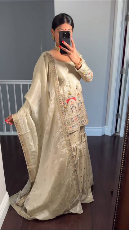 Exclusive Cream Beige Chinon Silk Embroidery Work Gharara Suit With Dupatta