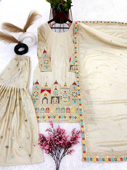 Exclusive Cream Beige Chinon Silk Embroidery Work Gharara Suit With Dupatta