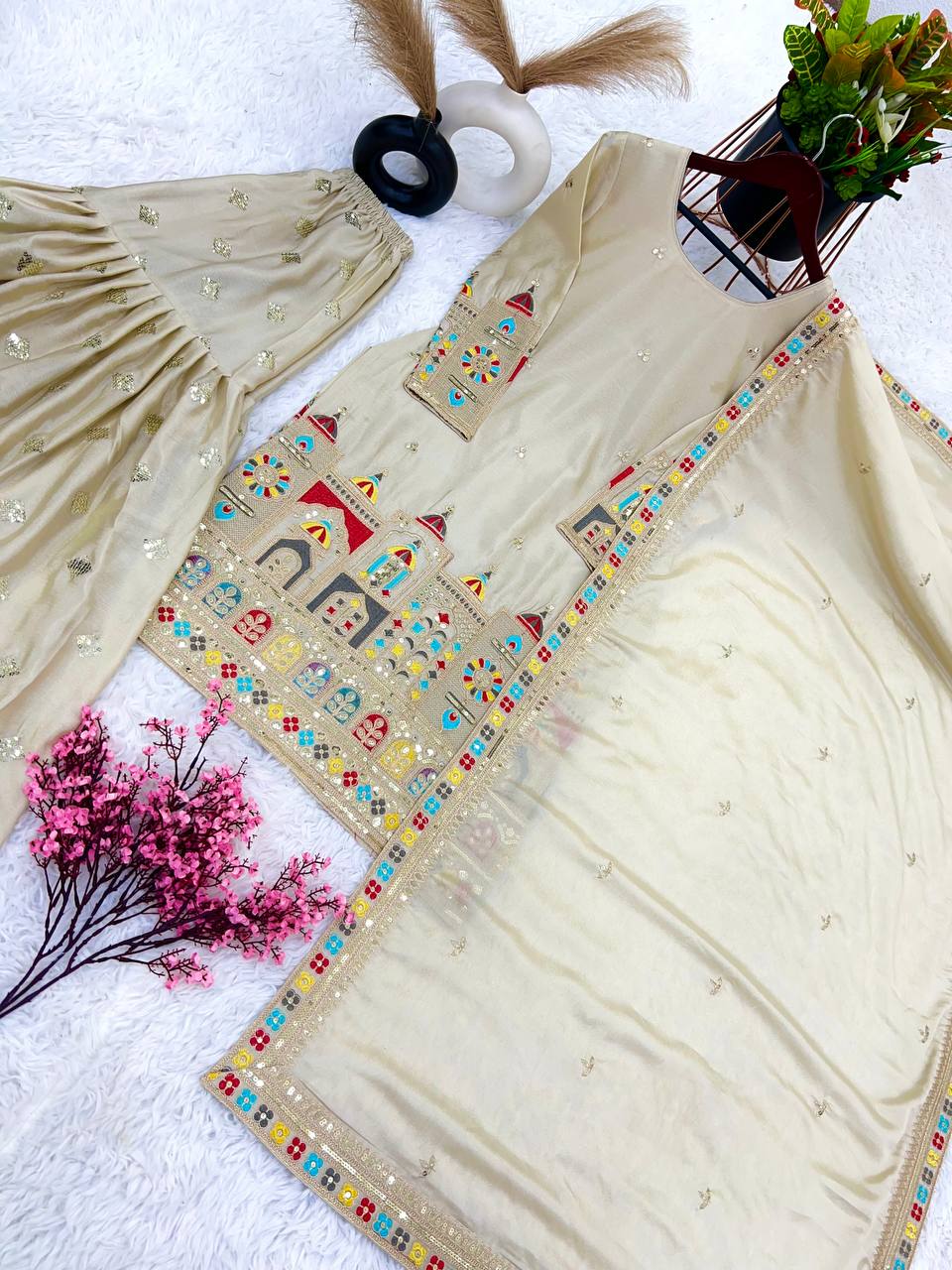 Exclusive Cream Beige Chinon Silk Embroidery Work Gharara Suit With Dupatta