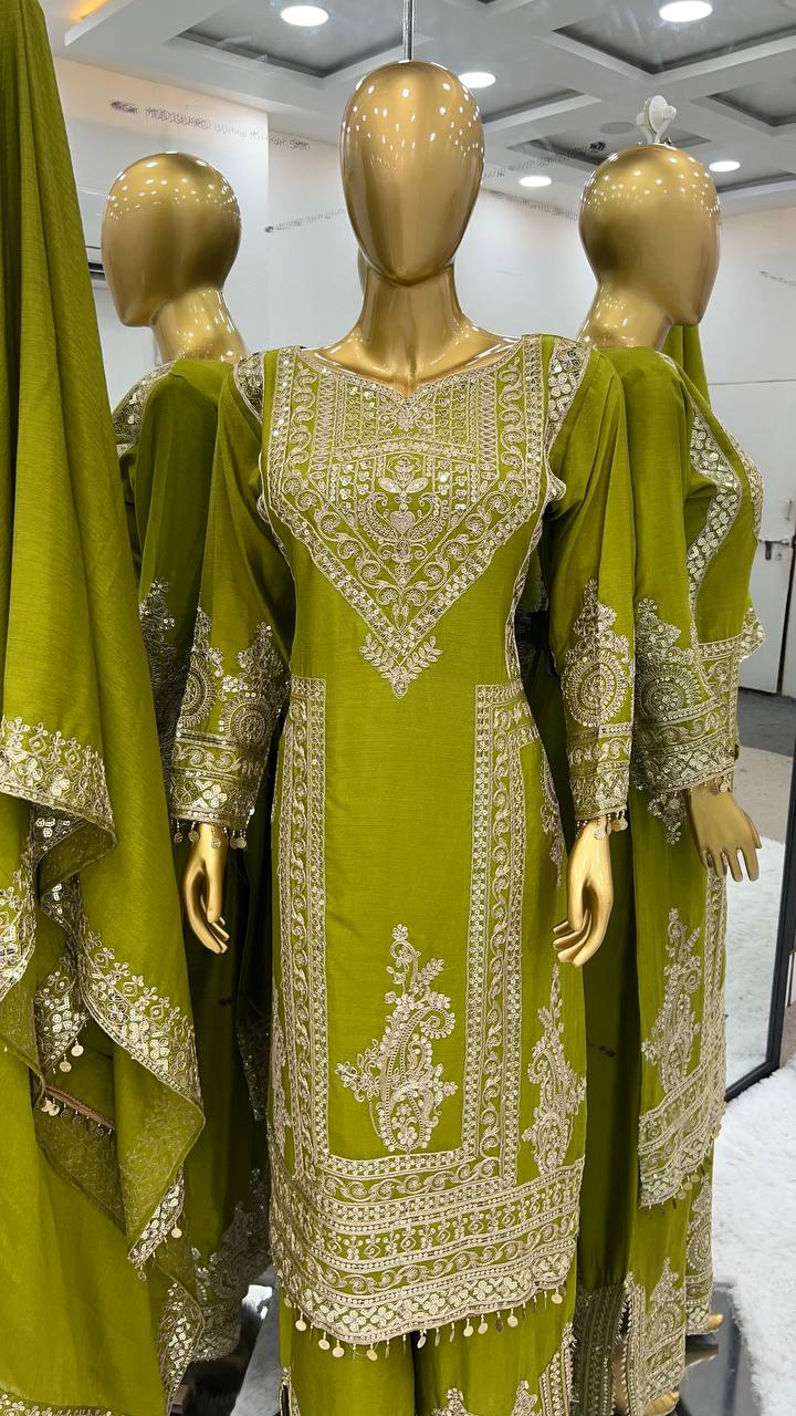 Grand Green Color Chinnon Silk Embroidery Coding Salwar Suit