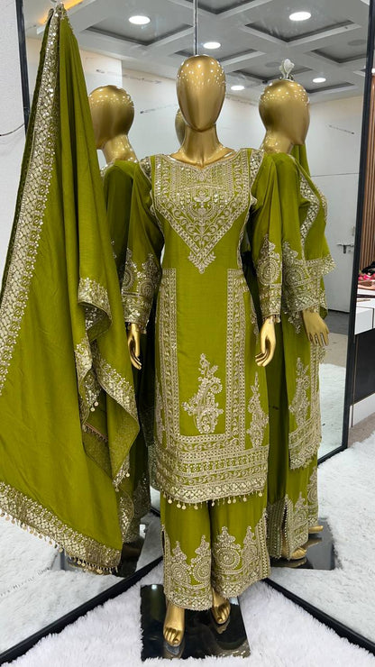 Grand Green Color Chinnon Silk Embroidery Coding Salwar Suit