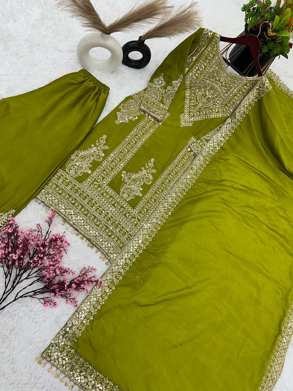 Grand Green Color Chinnon Silk Embroidery Coding Salwar Suit