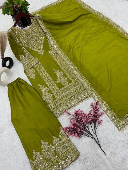 Grand Green Color Chinnon Silk Embroidery Coding Salwar Suit