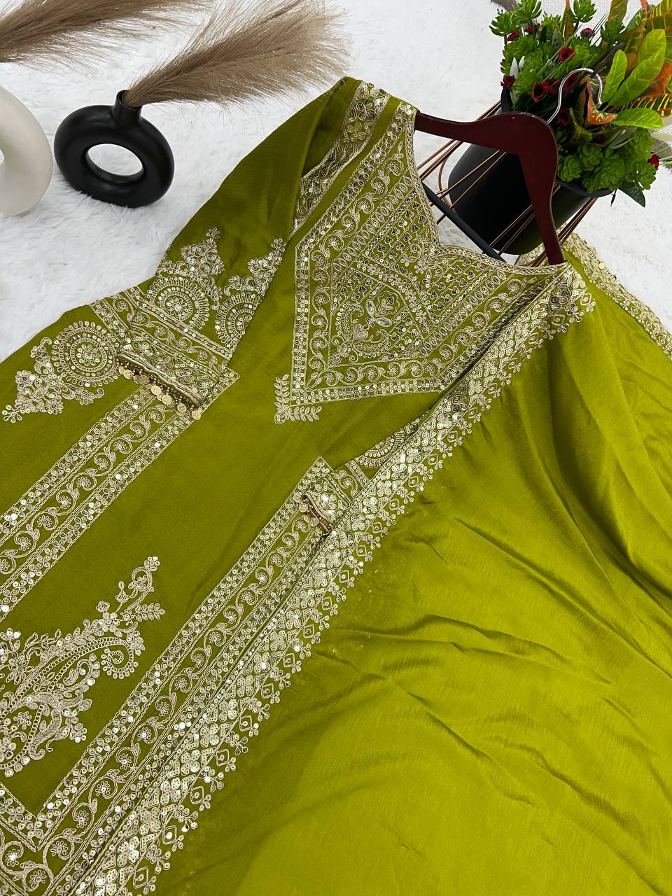 Grand Green Color Chinnon Silk Embroidery Coding Salwar Suit