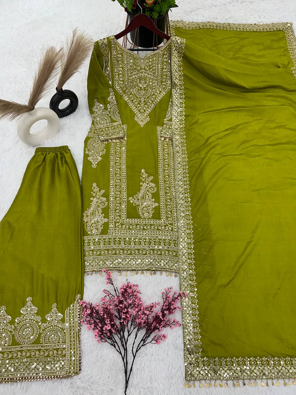 Grand Green Color Chinnon Silk Embroidery Coding Salwar Suit