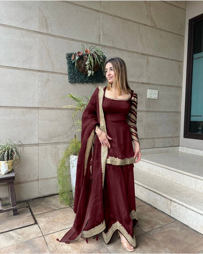 Sublime Maroon Color Faux Georgette Embroidery Salwar Suit