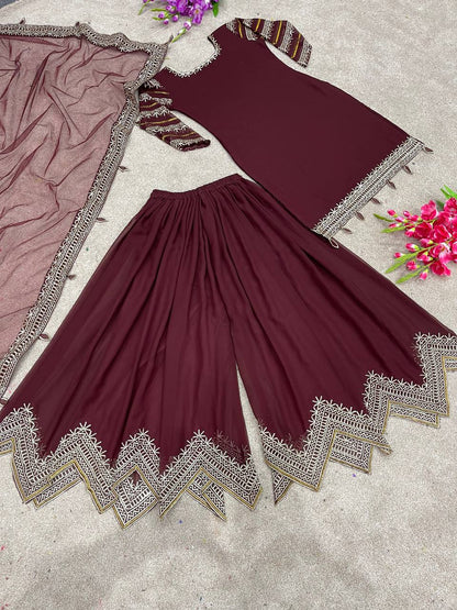 Sublime Maroon Color Faux Georgette Embroidery Salwar Suit