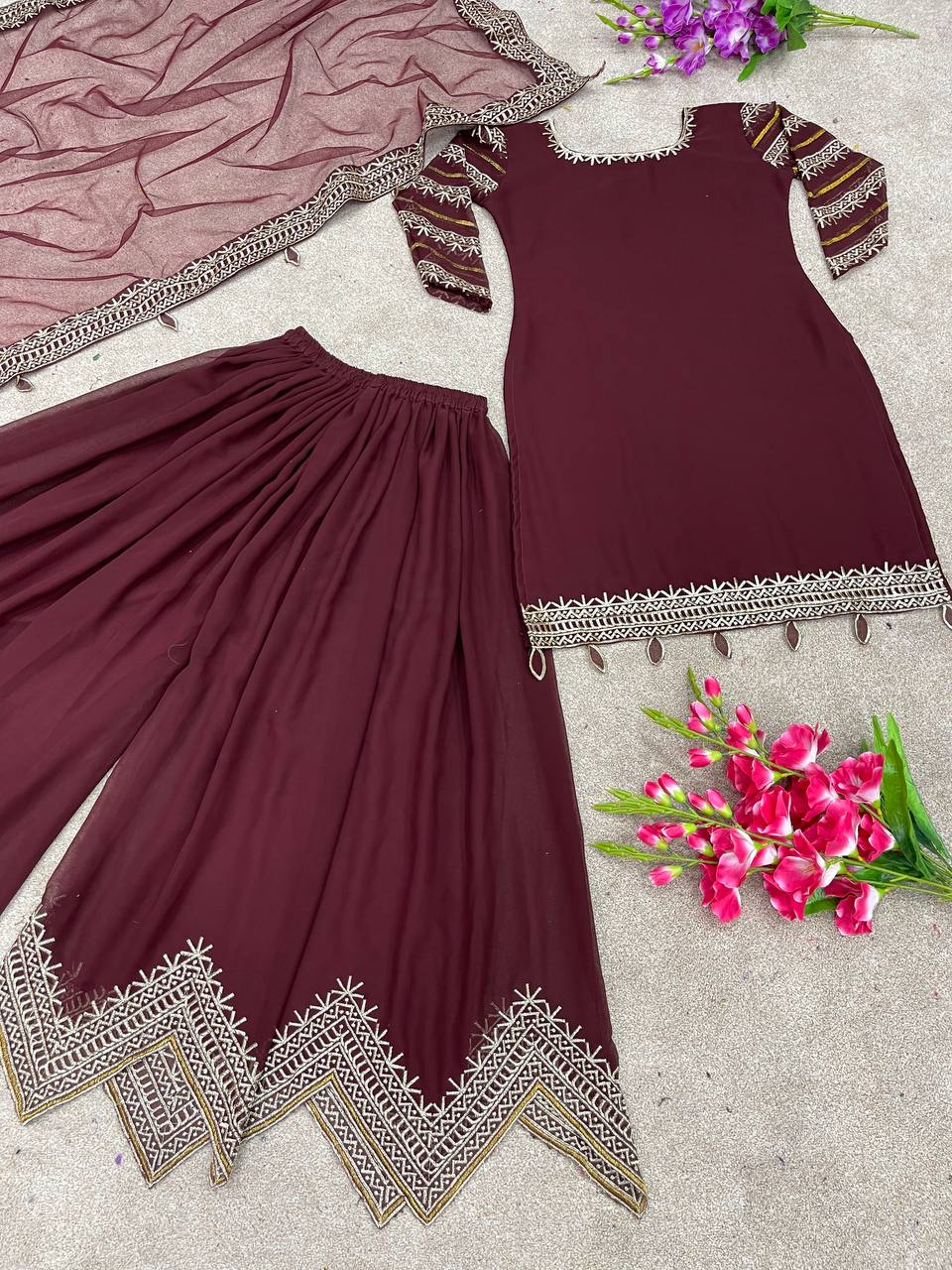 Sublime Maroon Color Faux Georgette Embroidery Salwar Suit