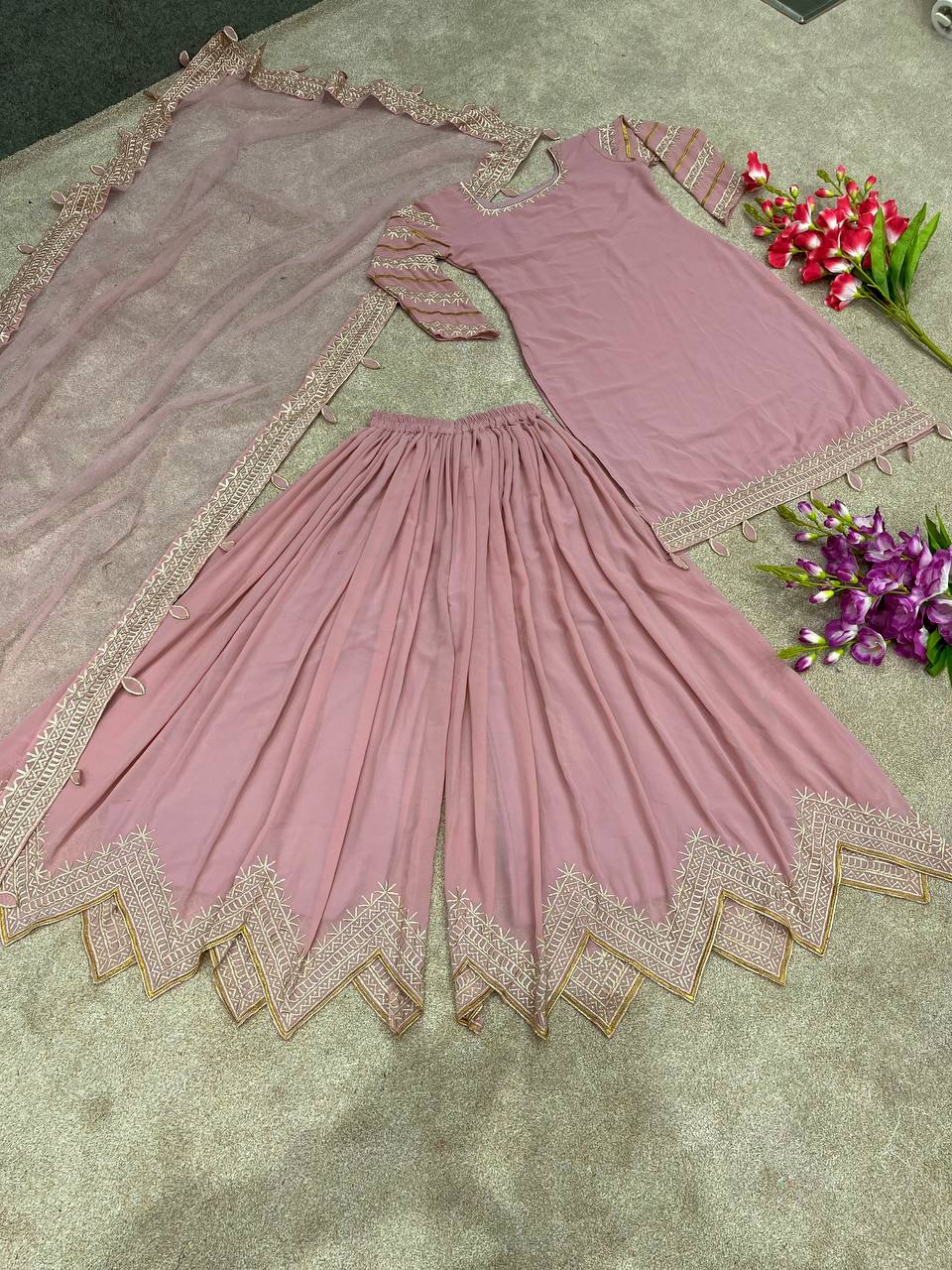 Light Pink Party Wear Look Sharara Palazzo Suit With Heavy Embroidery