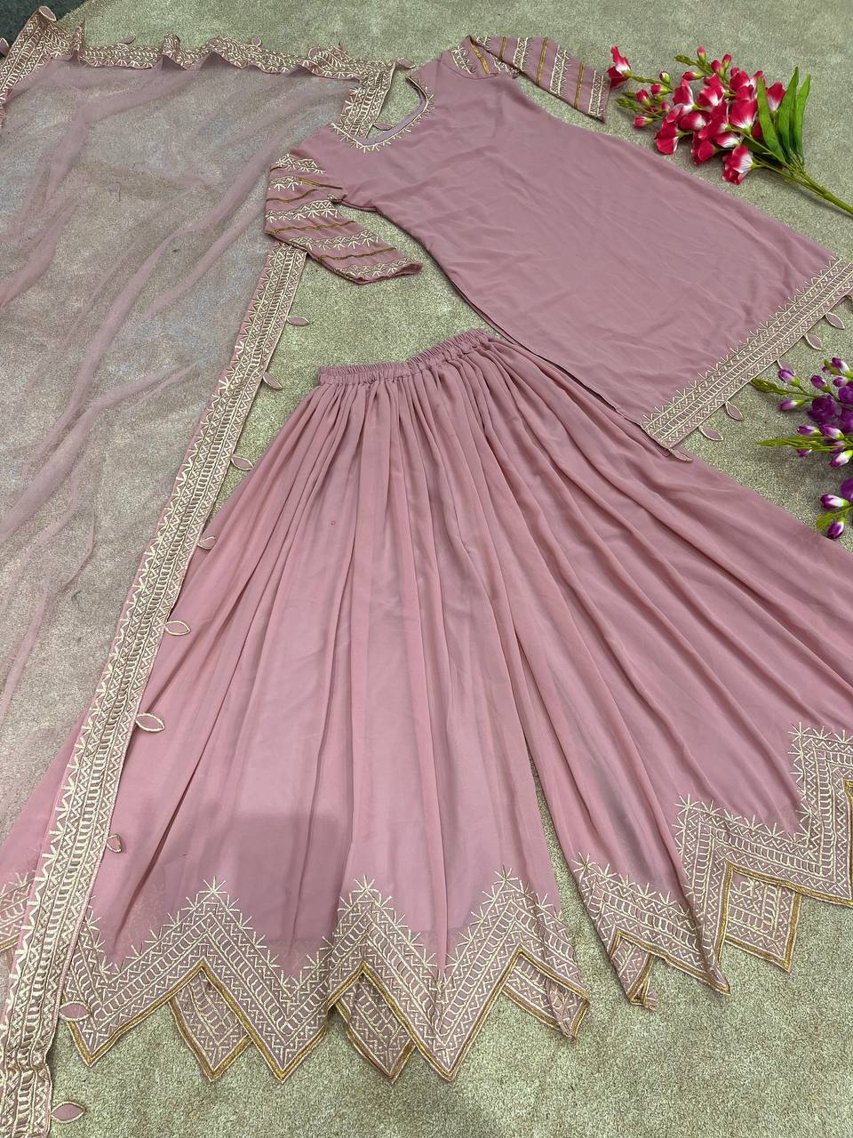 Light Pink Party Wear Look Sharara Palazzo Suit With Heavy Embroidery