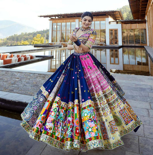 Blue Color Muslin Cotton With Digital Print Real Mirror Navratri Special Lehenga Choli Set