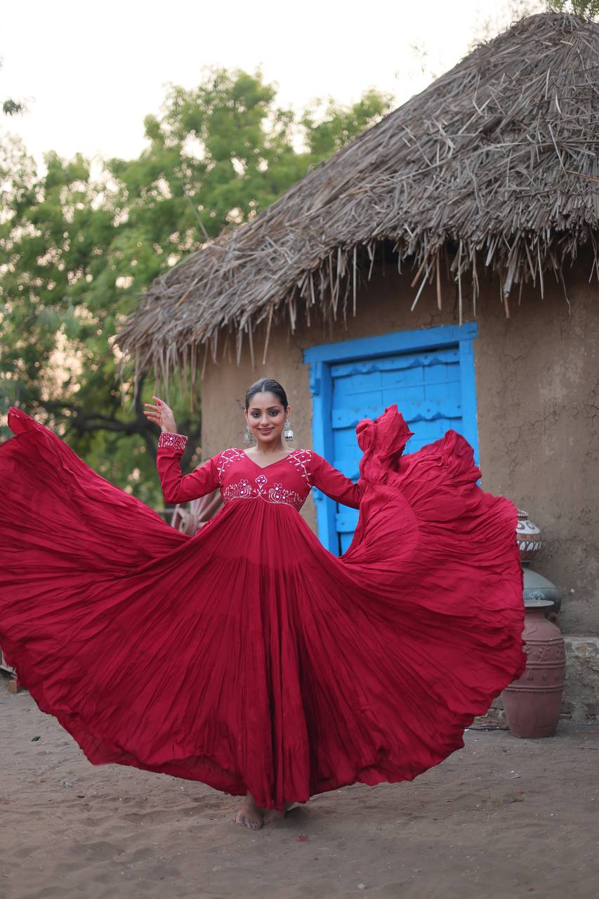 Traditional Carbon Red Rayon Real Mirror Work Gown