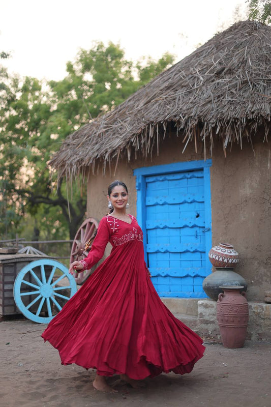 Traditional Carbon Red Rayon Real Mirror Work Gown