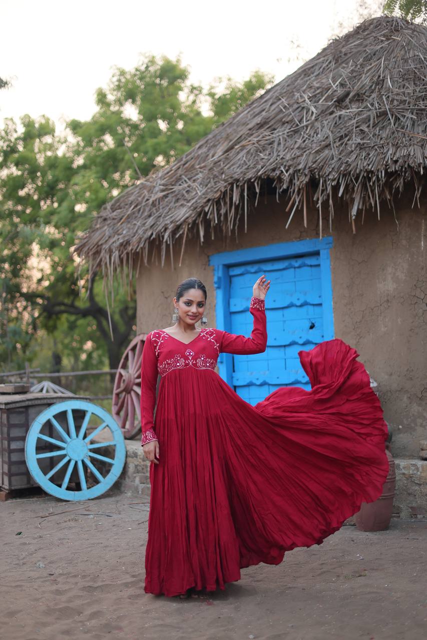 Traditional Carbon Red Rayon Real Mirror Work Gown