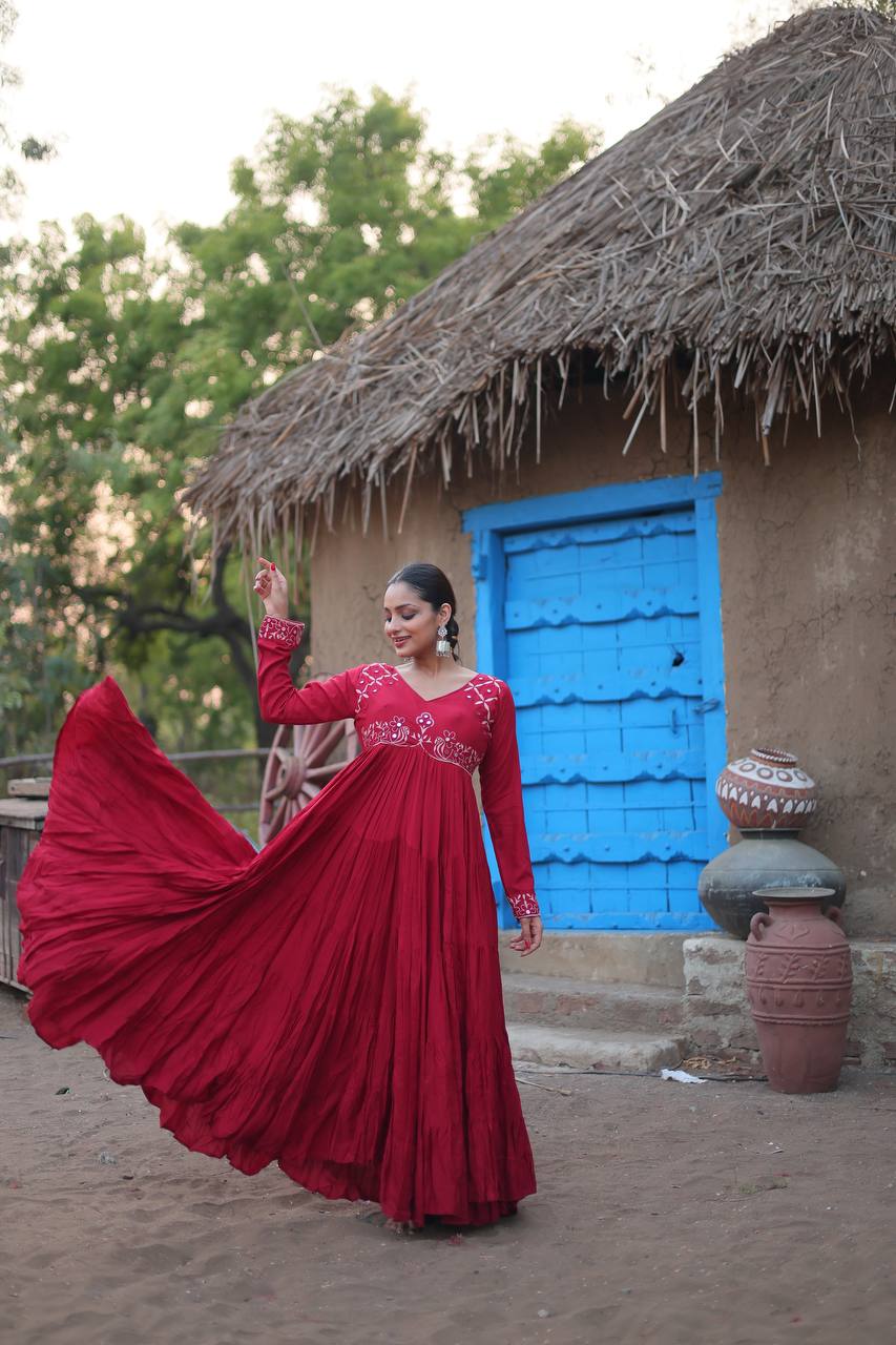 Traditional Carbon Red Rayon Real Mirror Work Gown