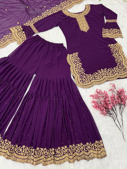 Majestic Purple Color Faux Georgette Embroidery Salwar Suit