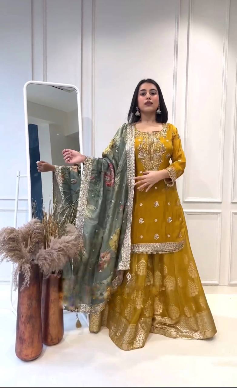 Yellow Top Sharara Suit With Embroidery and Sequence Work With Dupatta