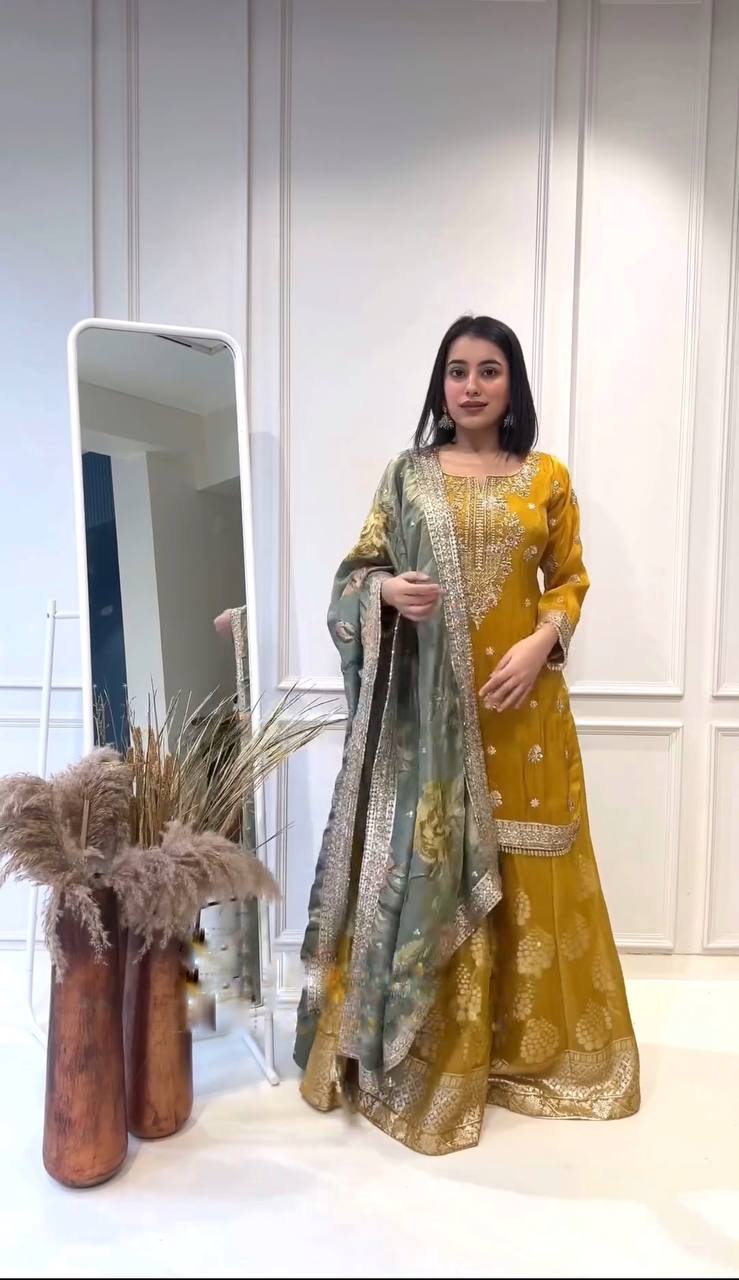 Yellow Top Sharara Suit With Embroidery and Sequence Work With Dupatta