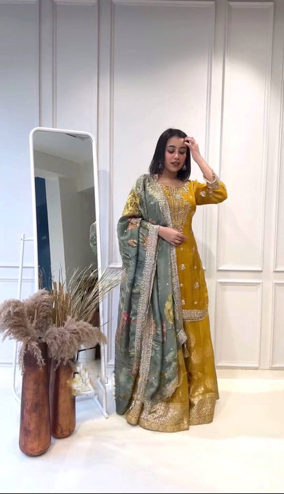 Yellow Top Sharara Suit With Embroidery and Sequence Work With Dupatta