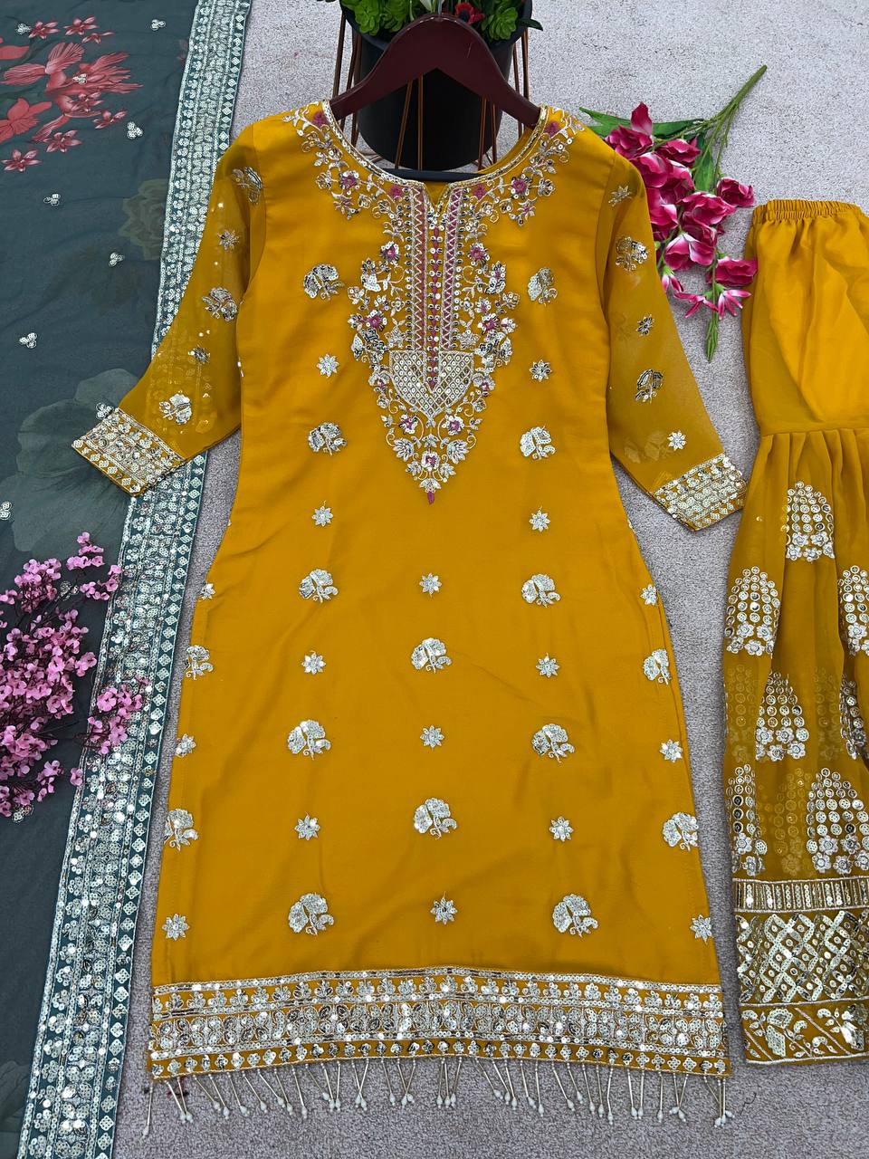 Yellow Top Sharara Suit With Embroidery and Sequence Work With Dupatta