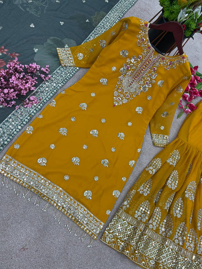 Yellow Top Sharara Suit With Embroidery and Sequence Work With Dupatta